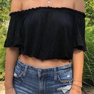 Black Off the Shoulder Frilly Crop Top